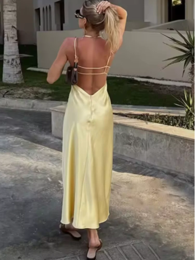 Sexy Butter Yellow Satin Party Dress Summer Women V Neck Backless Cami Straight Dresses 2025 Lady Holiday Street Vestidos New