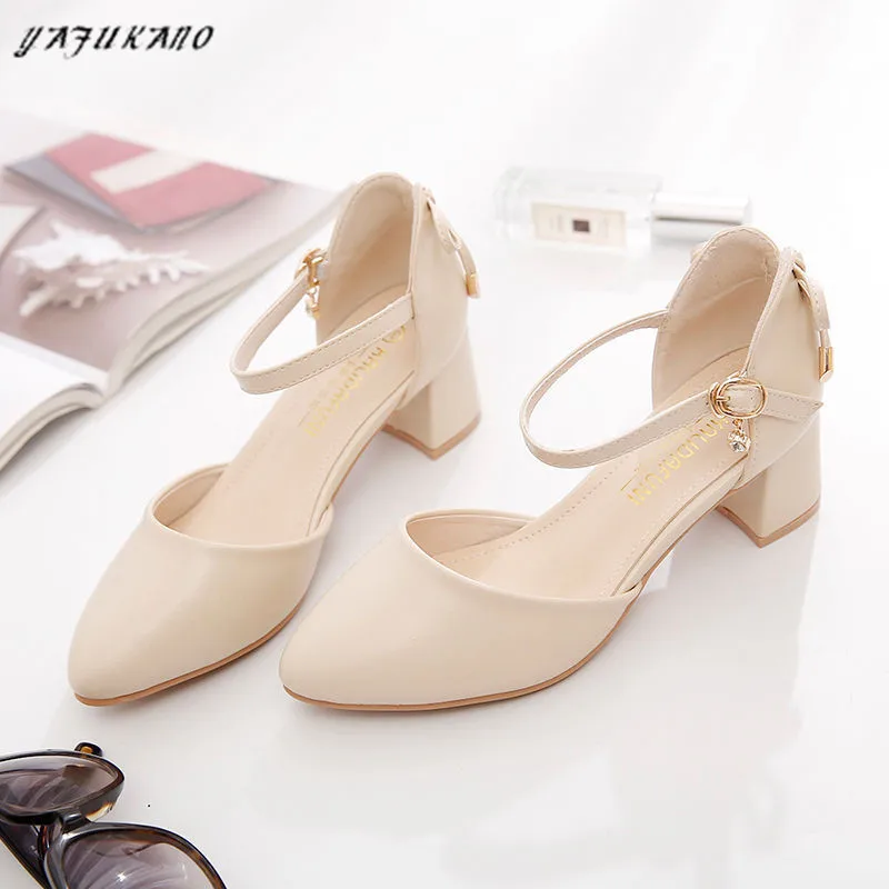 2024 Pumps Women Bow Mid Heels Two-Piece Shoes Buckle Pointed Toe Footwear Ladies Summer Elegant Shoes Female Beige apricot