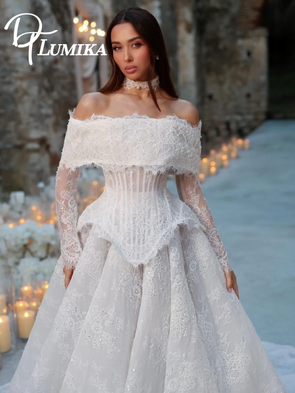 

Винтажное роскошное свадебное платье-баллон с 3D цветочным кружевом для двора, 2026, официальная коллекция, с длинными рукавами, воротником-чокером, свадебное платье Vesti