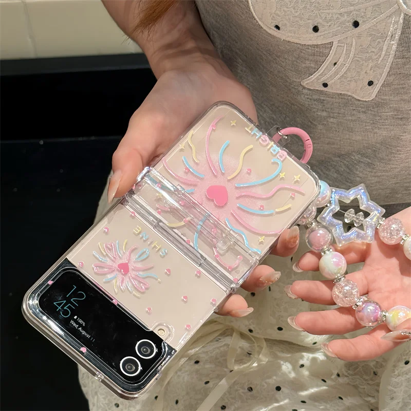 Funda trasera transparente a prueba de golpes para Samsung Galaxy Z Flip 3, 4, 5, Z Flip5, ZFlip5, pulsera de fuegos artificiales de colores