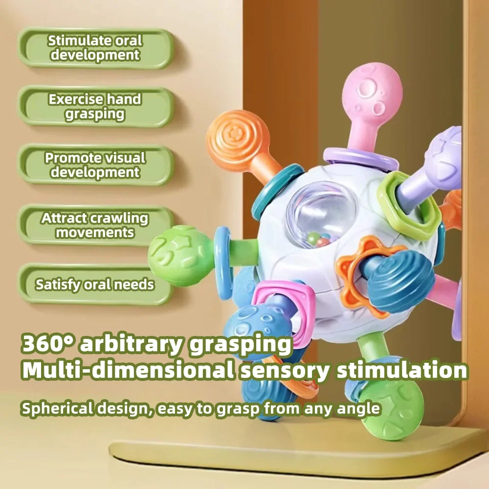 Baby Manhattan Greifball – 3-in-1-Beißring, Rassel und weiches Gummi-Greifspielzeug zur Früherziehung und zur Linderung von Zahnen