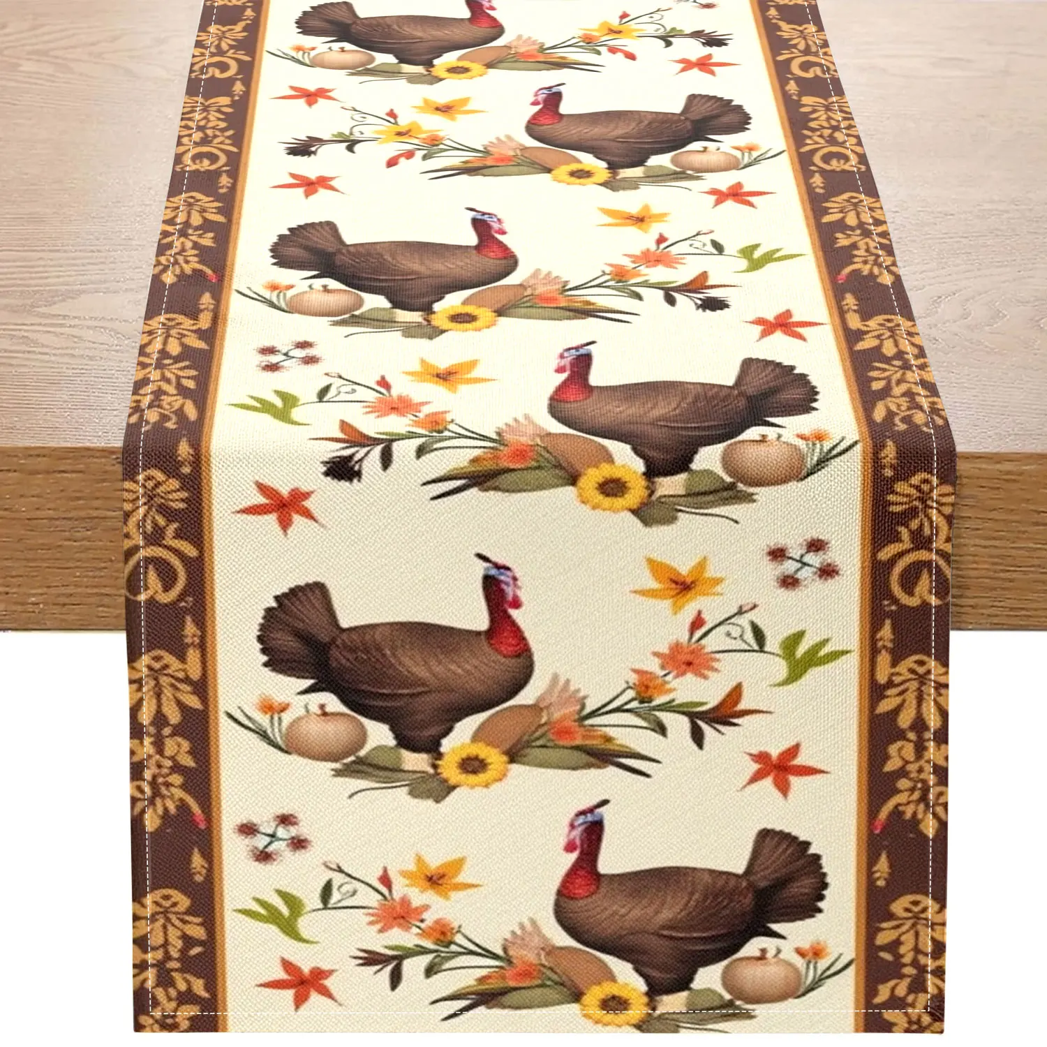 1 Piece Thanksgiving-Themed Table Runner, Featuring Turkey, Pumpkin, Autumn Leaves, and Floral Patterns, Suitable for Thanksgiving Family Gatherings and Holiday Decorations