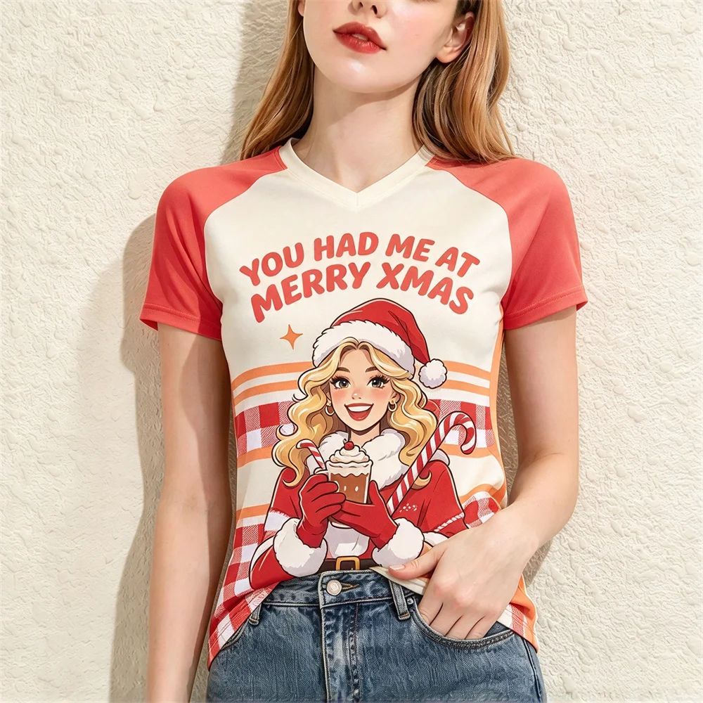 Ladies Xmas Short Sleeve T Shirt Fashion Graphic Women's T-shirts V-neck Raglan Tee Color Block Splicing Holiday Daily Wear Tops