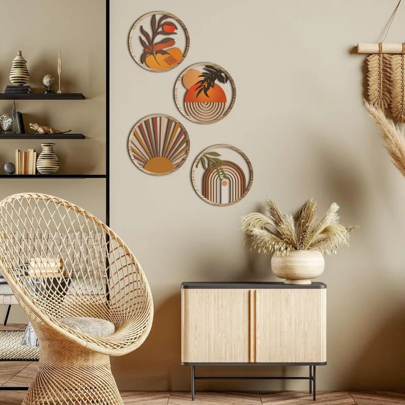 4pcs Bohemian Wooden Wall Art Set - Energy-Efficient, Hollowed-Out, Pastoral Theme Hanging Sculptures for Living Room, Bedroom