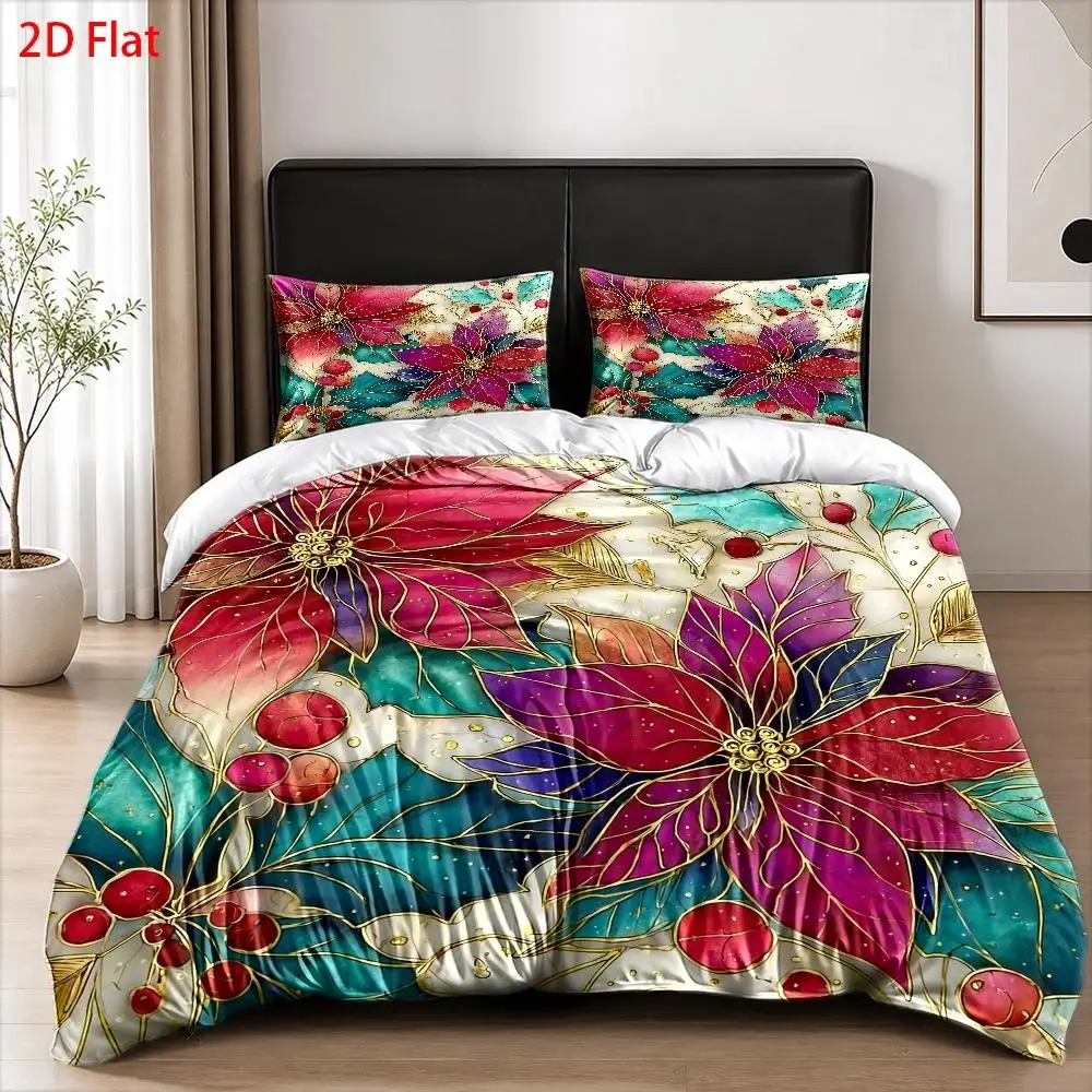 Christmas Duvet Cover Set Elegant Floral 100% Polyester Duvet Cover Ultra Soft Brushed Bedding for Bedroom Hotel Dormitory