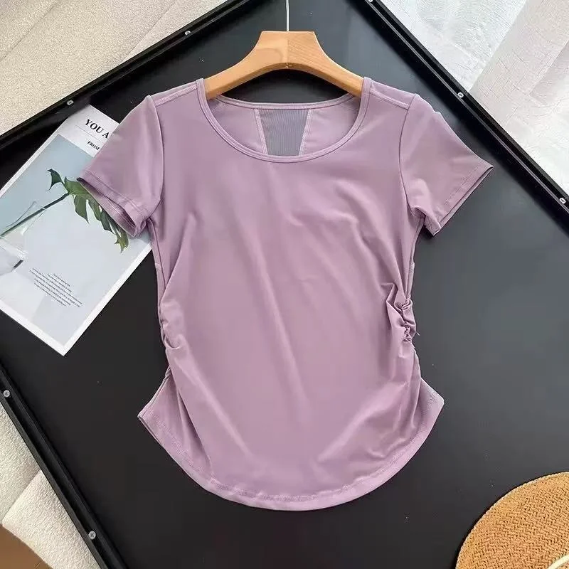 Damen Yoga-Shirt mit kurzen Ärmeln aus Mesh, schnelltrocknend, atmungsaktiv, mit seitlich geraffter Taille, figurbetont, sportliches T-Shirt, Sommer-Gym-Activewear – Detail 6