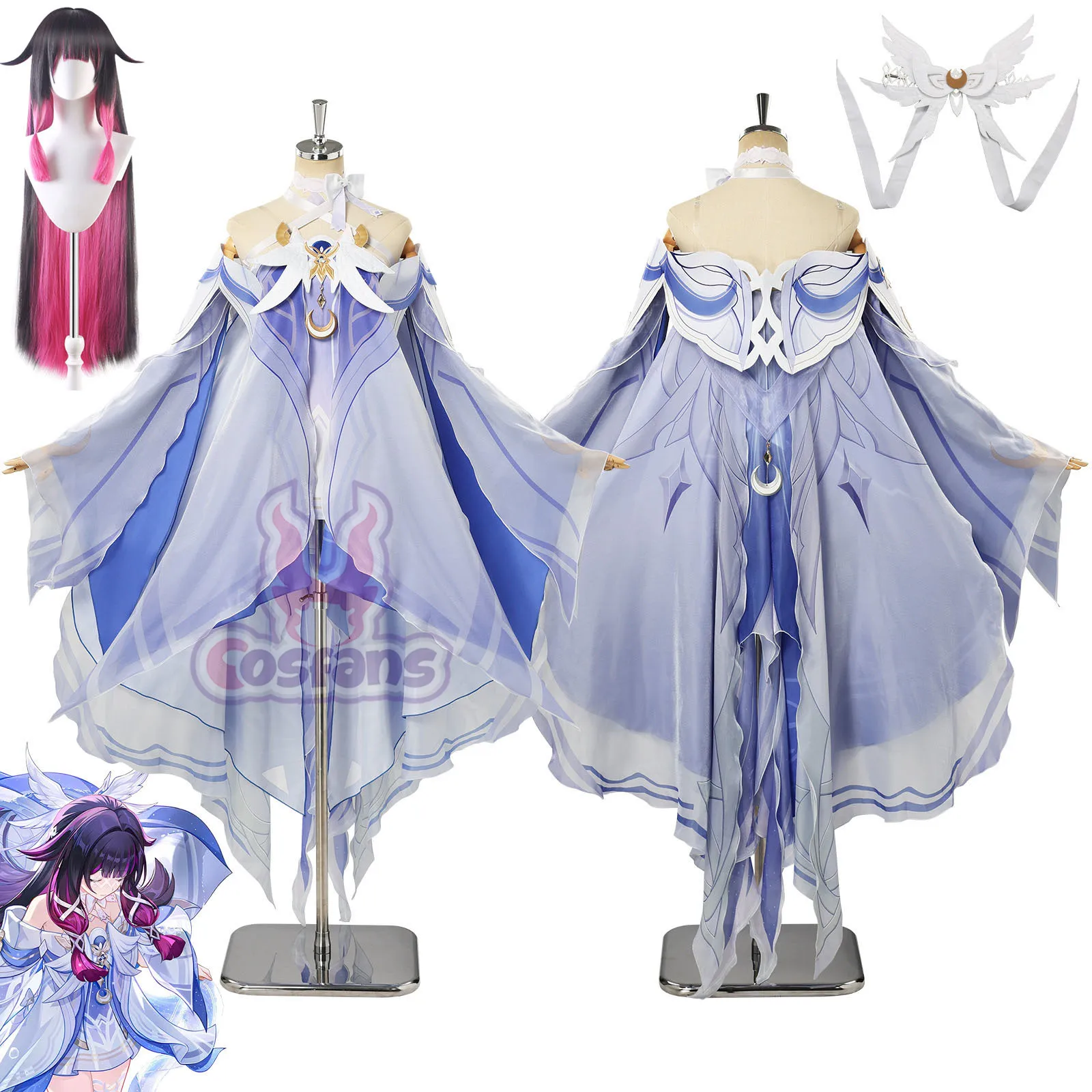 Disfraz de cosplay de Damselette Columbina del juego Genshin Impact, trajes de fiesta de Halloween de Genshin Impact 【XS-3XL】Columbina, peluca de talla grande