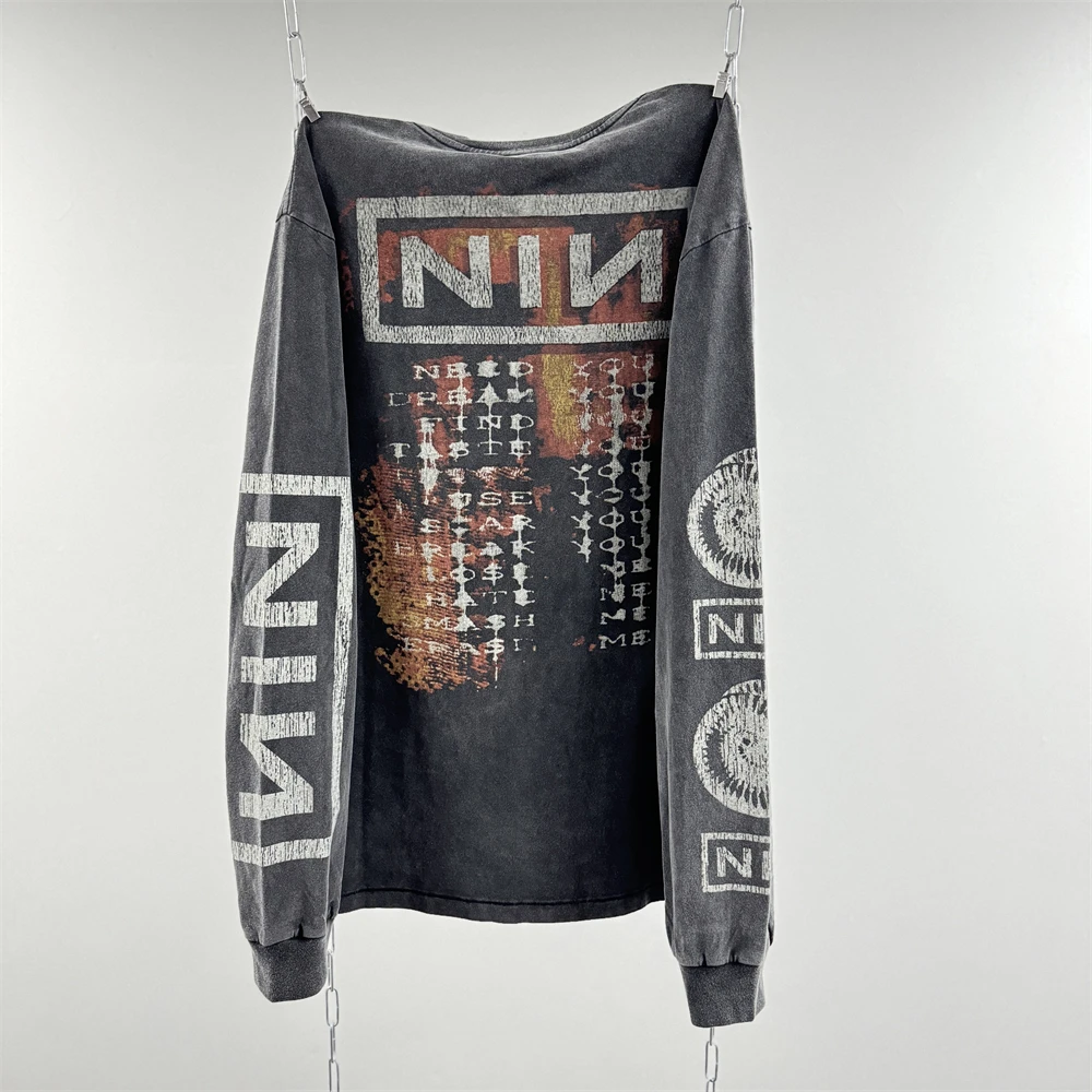 Washed Saint NIN Nine-inch Nail Long Sleeves T-shirt Men Women High Quality Heavy Fabric Unisex Tops Tee T Shirt image 3