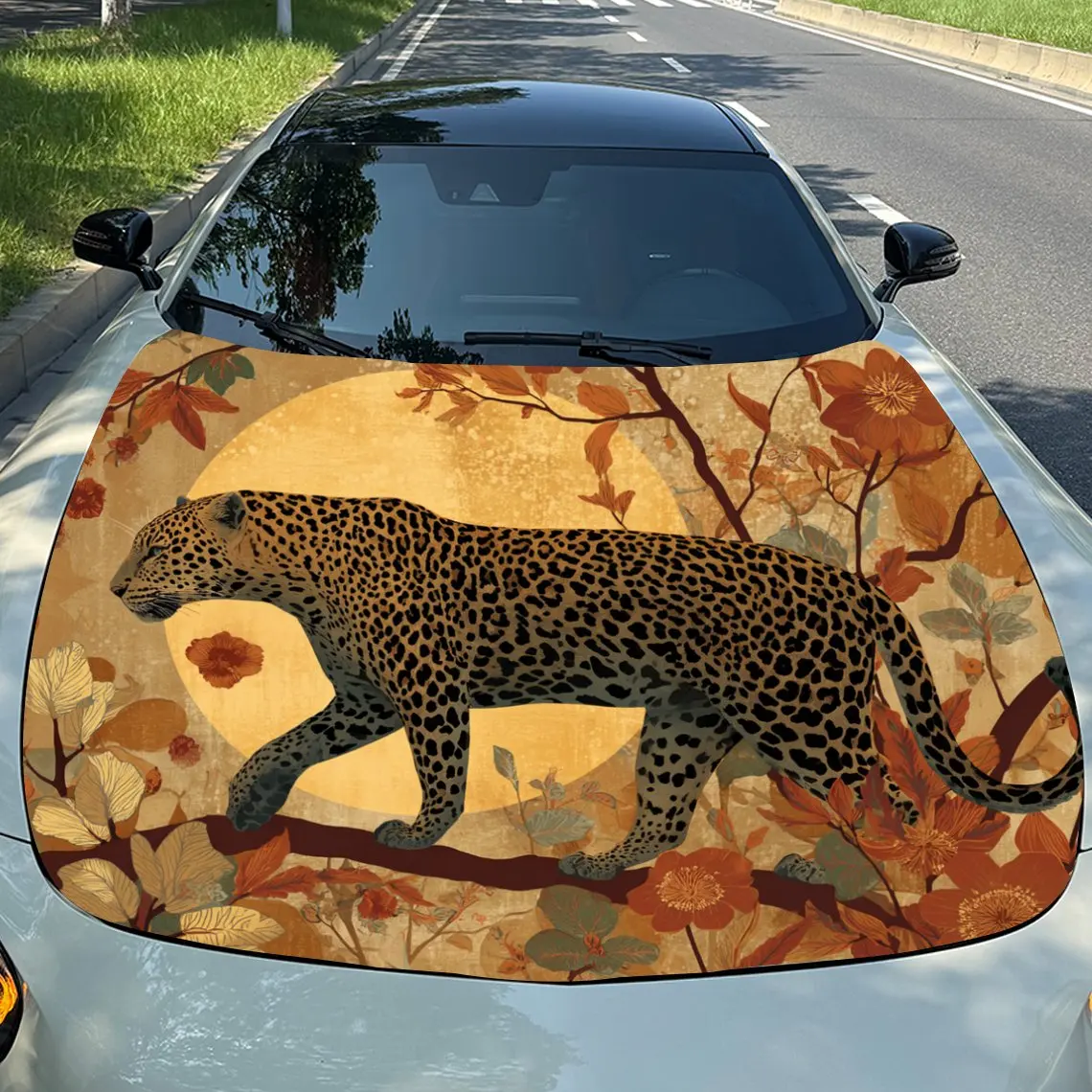 

Car Decals Leopard in Motion Design with a Leopard Walking Amid a Natural-Looking Background, Showcasing Its Agile and Sleek For