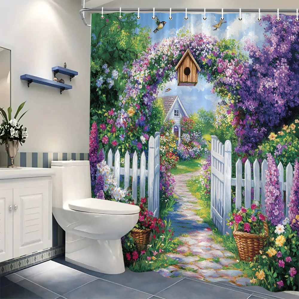 Luxurious Floral Garden Shower Curtain Cottagecore Spring Bathroom Decor Waterproof Picket Fence Whimsical Shower Bath