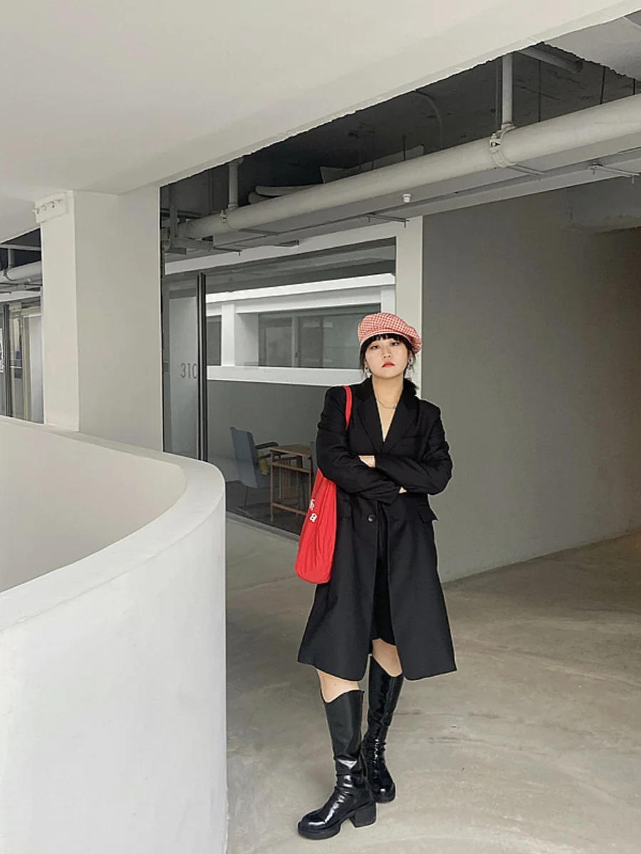 

plus Size Ele Bla Suit Jaet Simple Sle Slimming Effect Long Coat for Women Trendy Design Original Creation