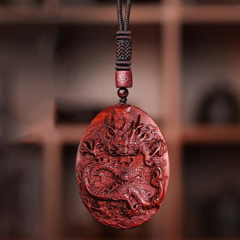 Natural Red Sandalwood Hand Carved Chinese Dragon Pendant Necklace for Men Women Mascot Amulet Male Lucky Jewelry Gifts