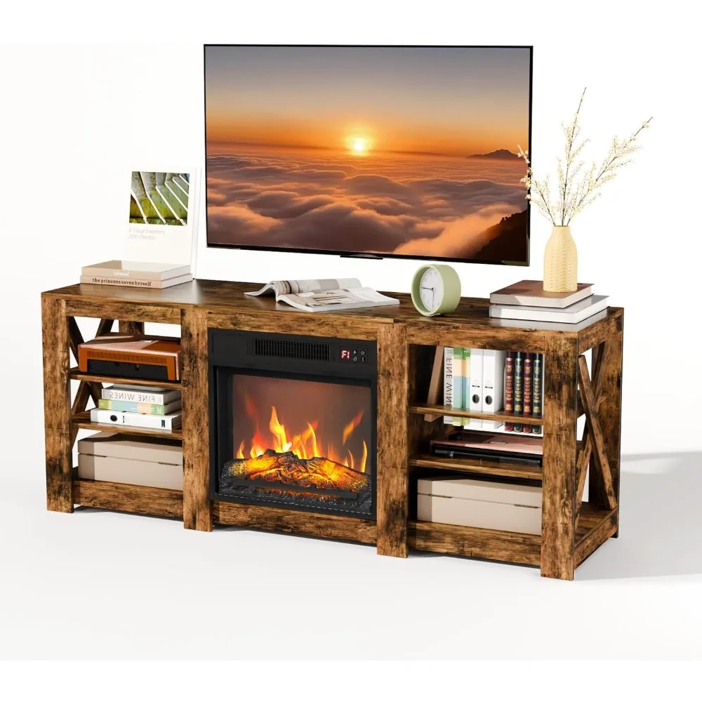 مركز ترفيه على طراز المزرعة مع مدفأة كهربائية وأرفف قابلة للتعديل لأجهزة التلفاز مقاس 70 بوصة #2