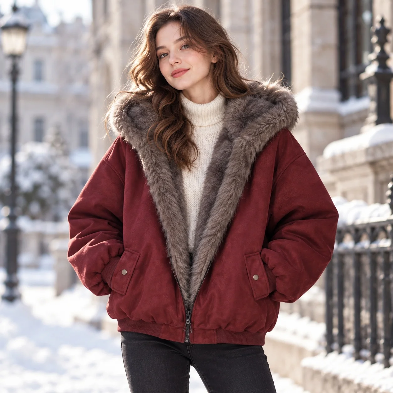 Hooded Single Loose Fit Coat with Elegant Commuter Long Sleeve British Style Pockets Winter Zipper Closure Women Winter Jacket
