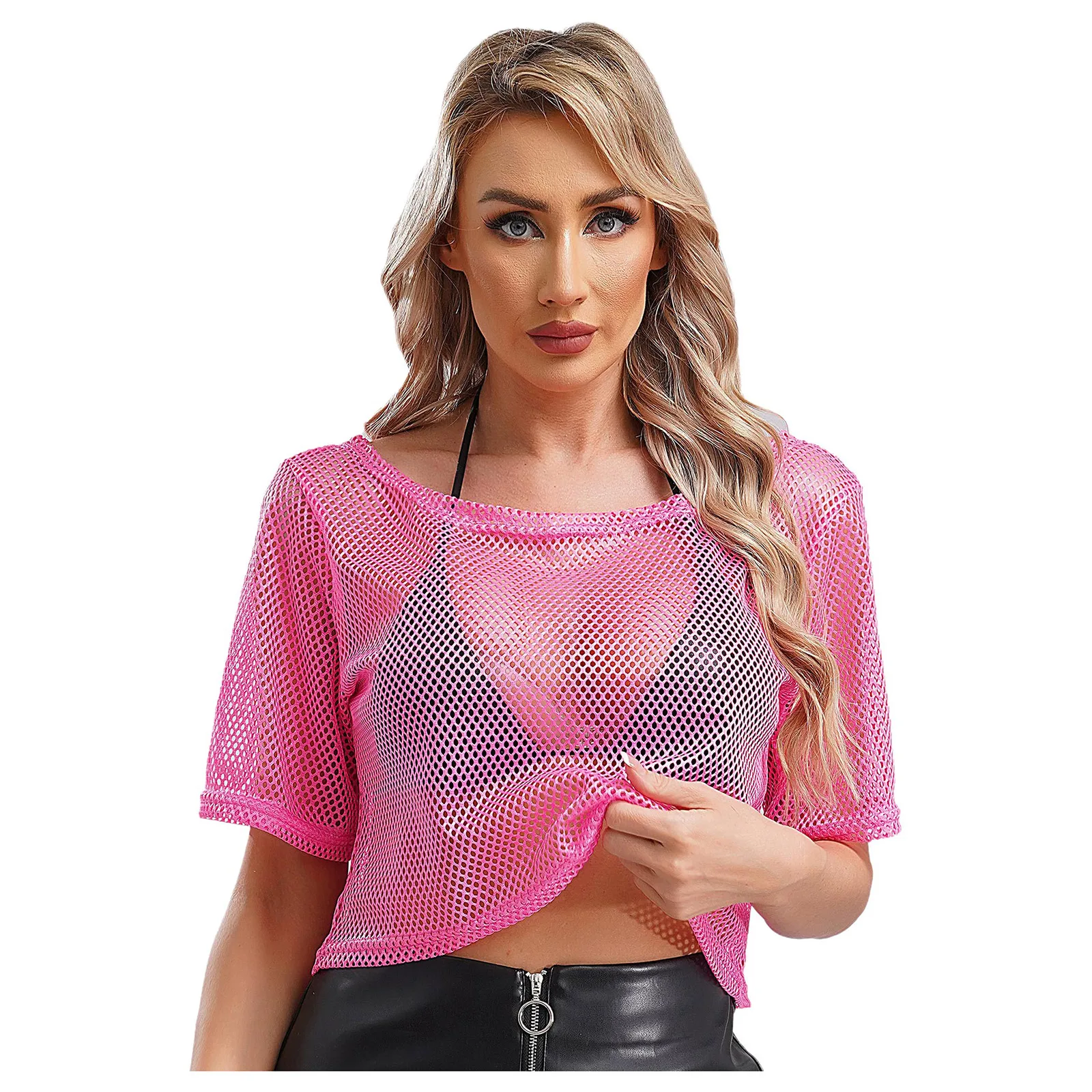 

Women Neon 80s Disco Fishnet T-shirt Round Neck Short Sleeve Hollow Out Mesh Crop Top Camisole Cover-up Dancing Party Clubwear