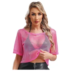 Womens Hollow Out Crop Top 80s Disco Dance Fishnet T-shirt Round Neck Short Sleeve Camisole Cover-up for Clubwear Dancing Party