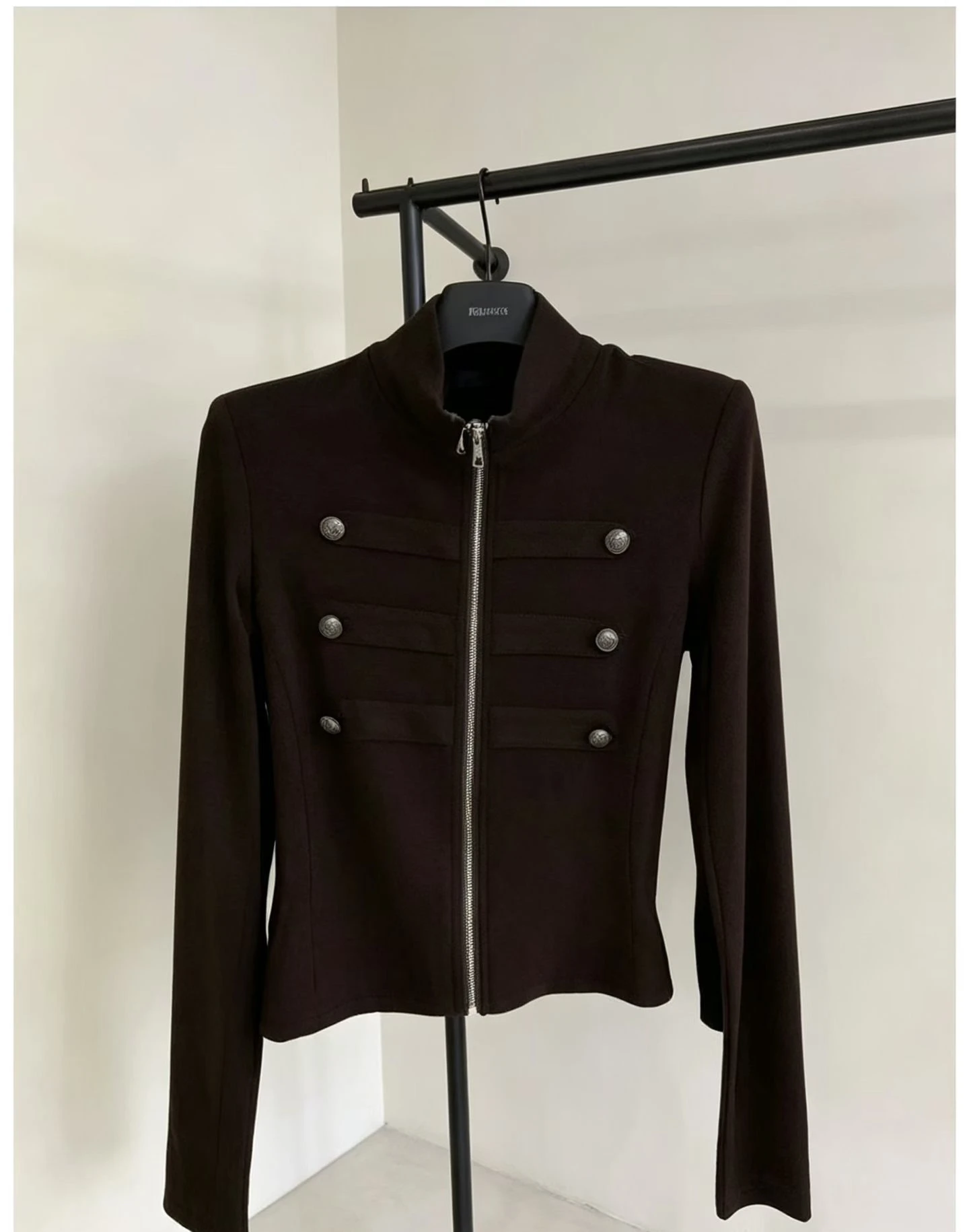 Slim Fit Zipper Long Sleeve T-Shirt Women's Vintage Stand Collar Metal Buckle Short Coat Pure Color Autumn Fashion 2026
