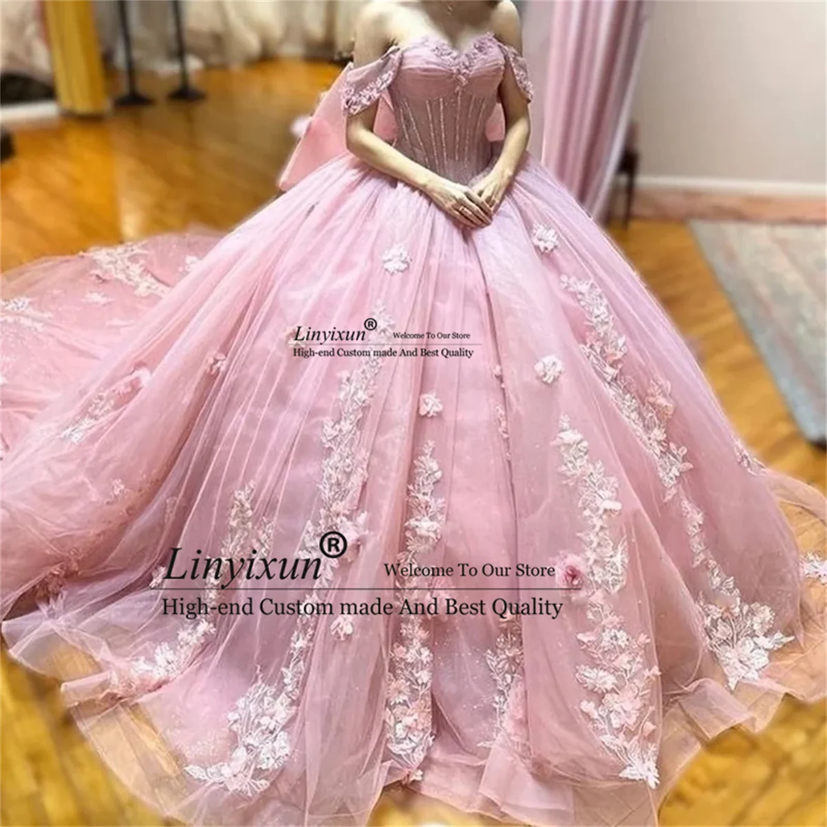 Vestido de quinceañera de encaje sin hombros, vestido de noche hinchado, vestido de baile con cuentas de cristal, flor, rosa, escote Corazón, 15