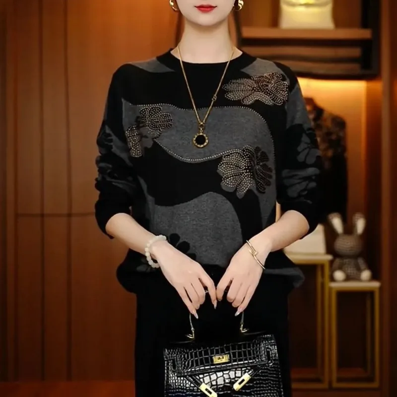 

Модный жаккардовый свитер с длинными рукавами и бриллиантами для женщин осенью и зимой, новый универсальный свитер, базовая рубашка, топ