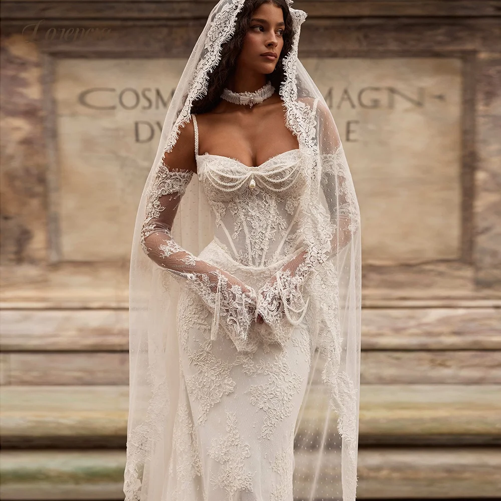 Lorencia Spaghetti Straps Lace Mermaid Wedding Dresses with Sheer Long Sleeves Boned Basque Fitted Bridal Gowns Customized