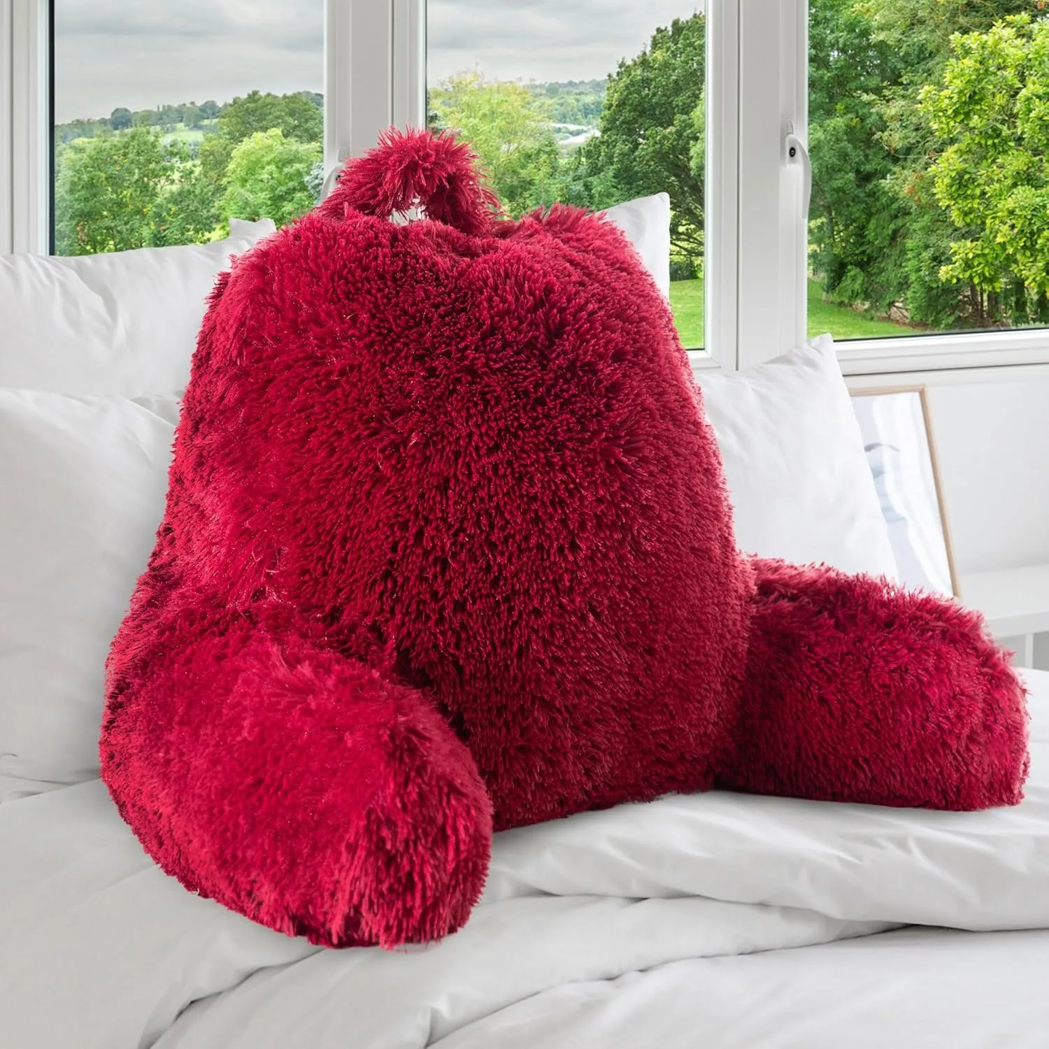 Cheer Collection Fluffy Reading Pillow Chair - Shaggy Hair Chair Pillow with Arms for Bed & Couch, Maroon