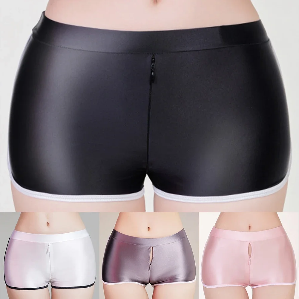 Bragas sexys brillantes para mujer, pantalones cortos con cremallera, elásticos, ajustados, realzan la cadera, lencería