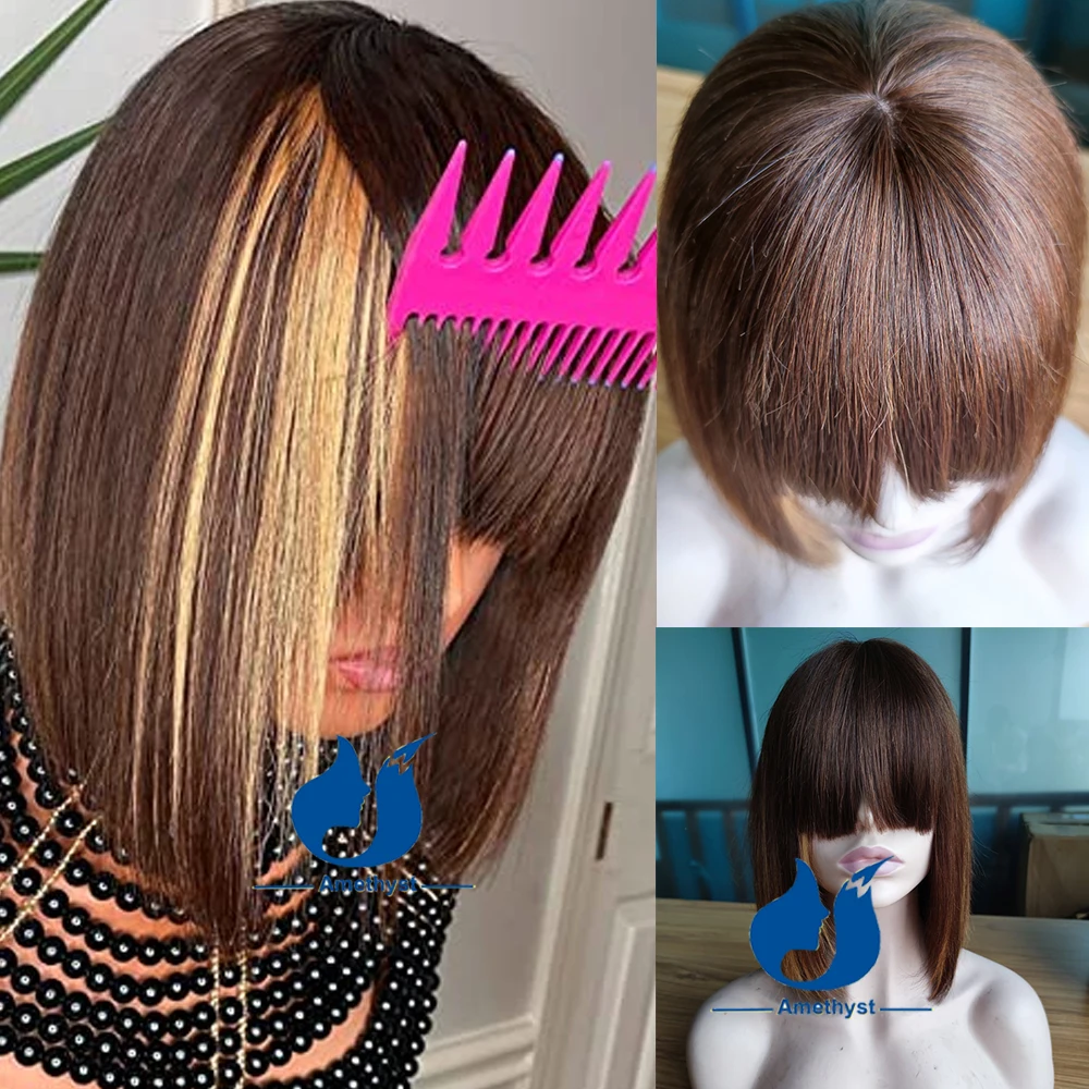 

Ombre Blonde Highlight Wig Short Bob Wigs Human Hair With Bangs Straight Silk Base Scalp Top Colored Wigs Fall Color MixeBrown B