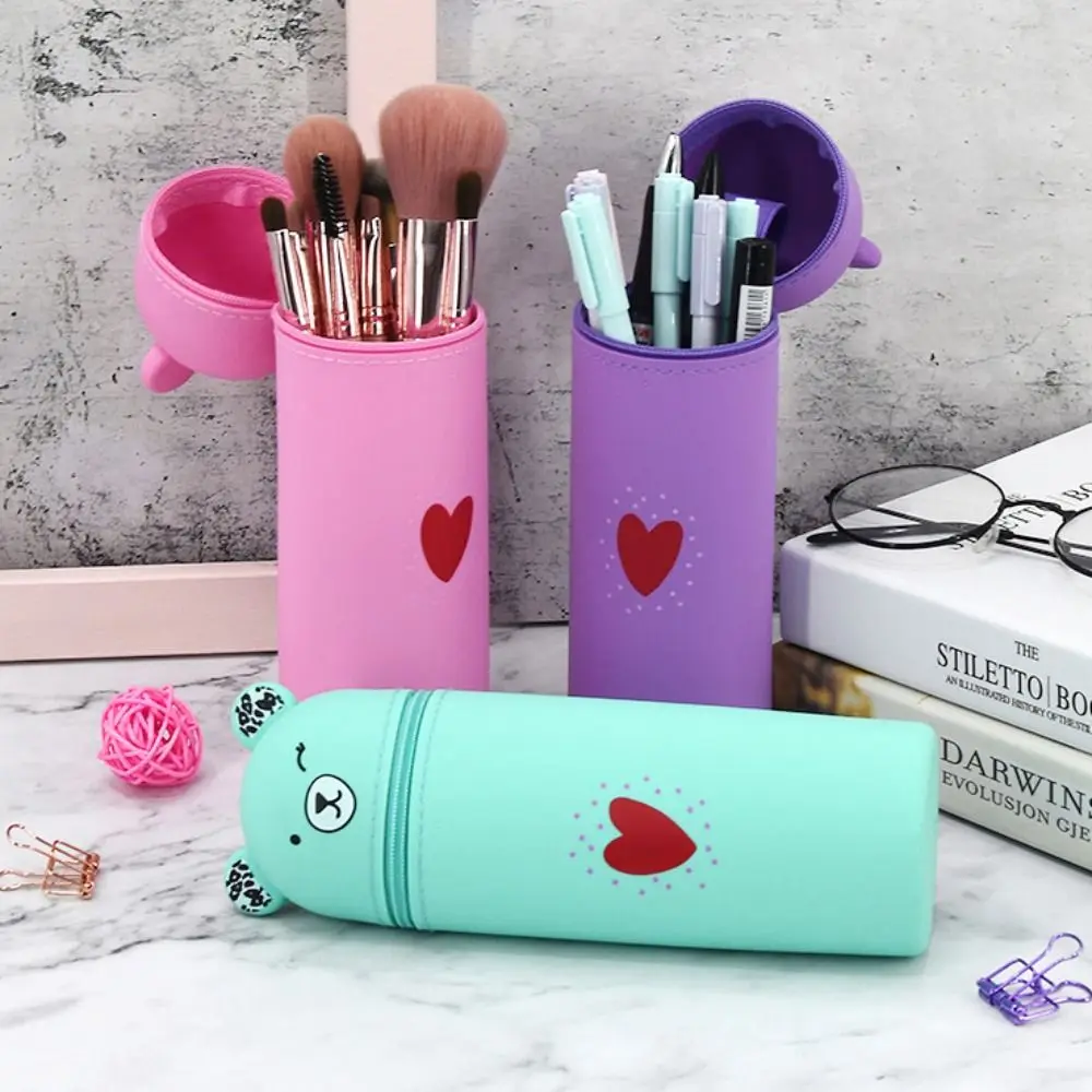 

Portable Silicone Cartoon Bear Pencil Case Soft Big Capacity Pencil Pouch Stand Up Creative Stationery Box Desk Organizers