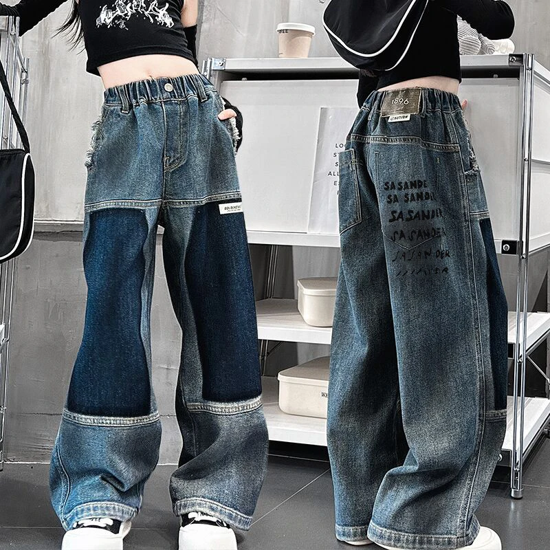 

Kids Girl Fashion Streetwear Retro Patchwork Denim Pants y2k Jeans Children New Design Casual Straight Leg Jeans Trousers 5-14 Y