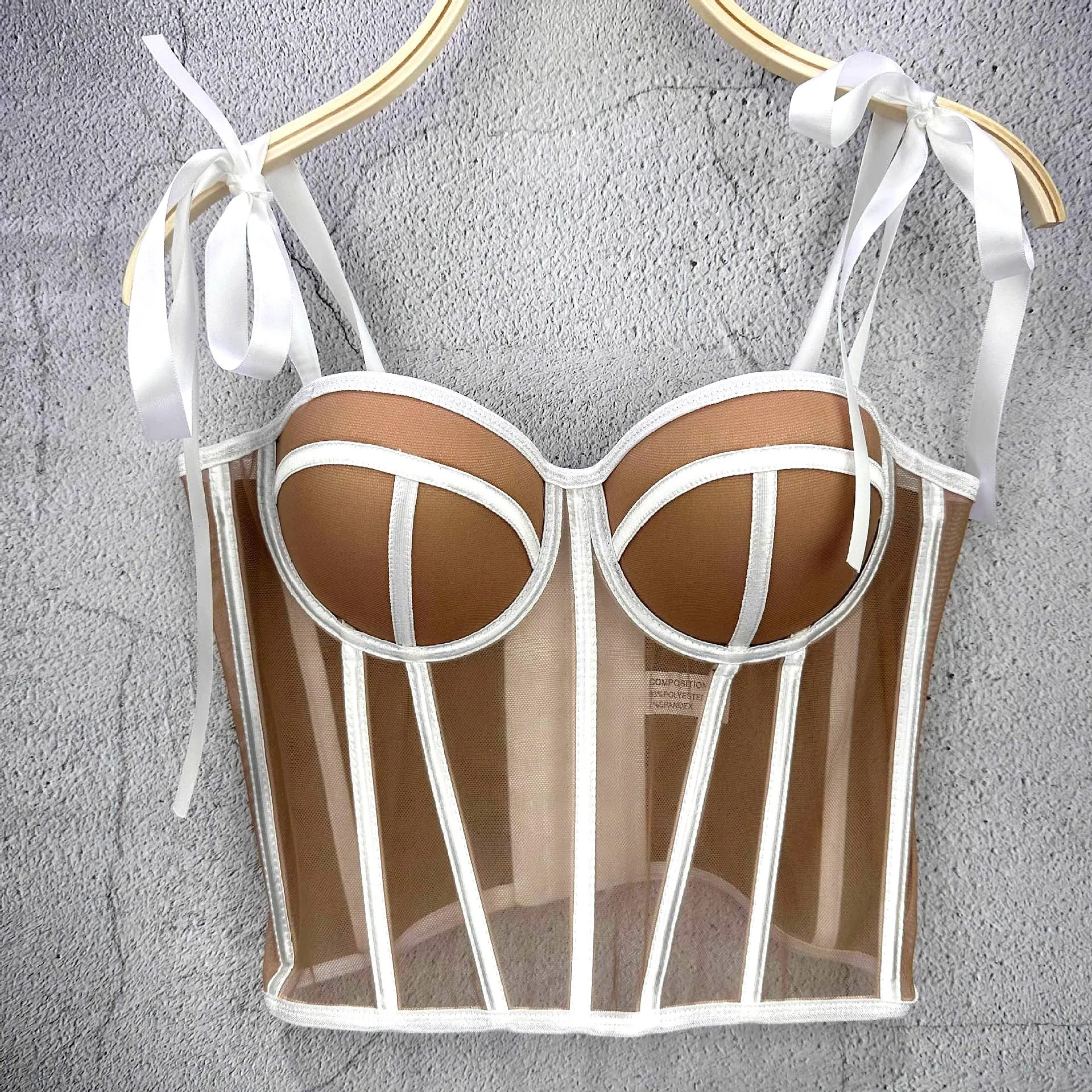 Mesh Transparent Contrasting Lines Women Bustie Sexy Bow Ribbon Ladies Corset Multi Colors Party Blackless Cropped Top Tank Top