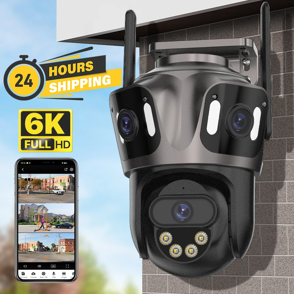 6K HD Outdoor PTZ Camera Three Lens Three Screen Wifi IP Camera AI Tracking Waterpoor Video Surveillance CCTV P2P iCsee