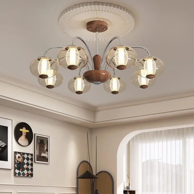 Decorative Indoor French Vintage Restaurant Walnut Chandelier Light Nordic Clear Glass Pendant Lamp for Villa Ceiling