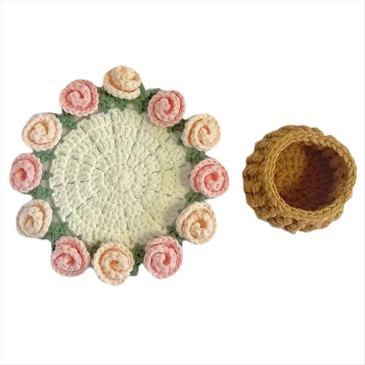 PROFESSIONAL USE Rose Bouquet Coaster Crochet Flower Placemat Hand Woven Bouquet Cupmat Home Desktop Potted Plant Ornaments with