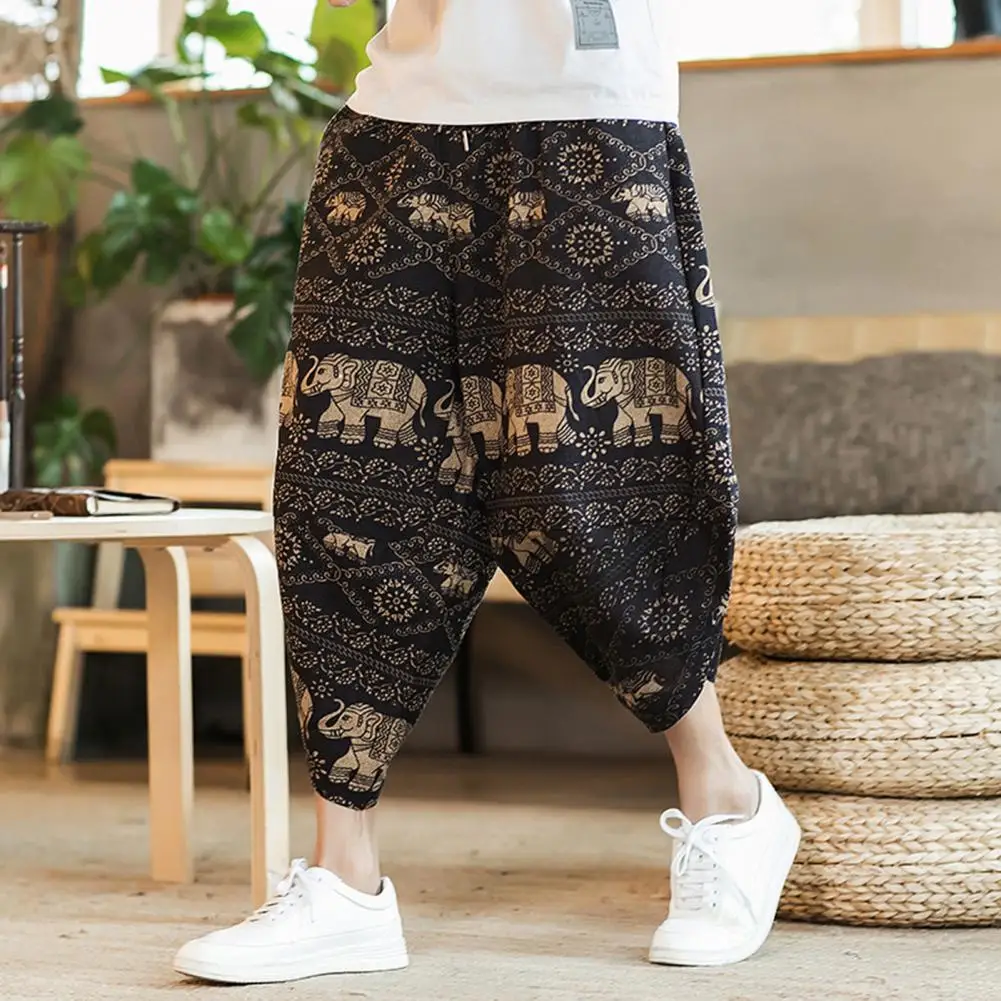 

Drawstring Harem Pants Men Vintage Printing Cropped Trousers Ethnic Style Retro Print Casual Trousers Tie Dye Print Summer Pants