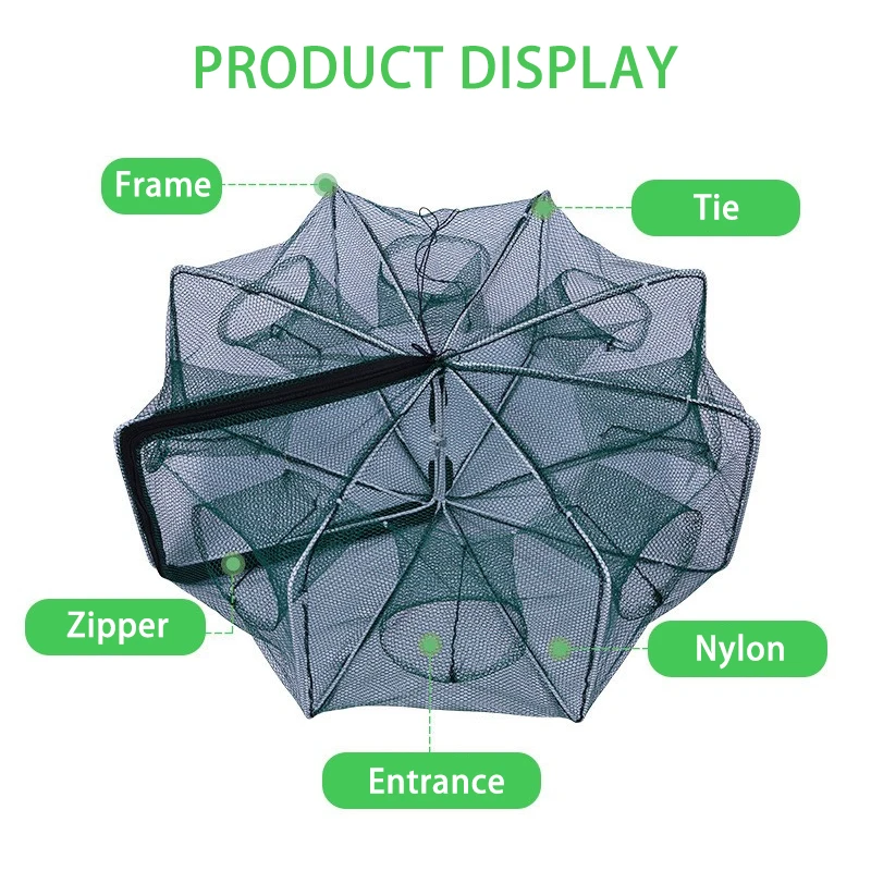 Nylon Fishing Traps Mesh Cage Foldable Crayfish Catchers Crab Fish Cage Trap Net Casting Fishing Mesh 6/8/10/12 Holes Shrimp Net