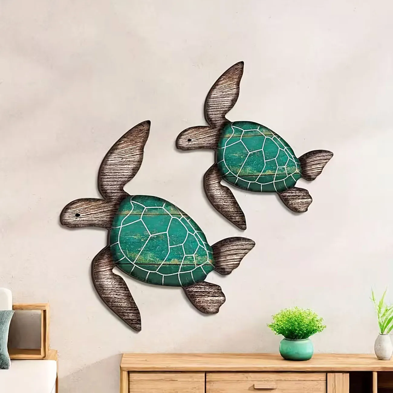 2Pcs Vintage Wooden Sea Turtle Wall Stickers, Rustic Turtle Decor for Bathroom Coastal Home with Nano Tape view 3