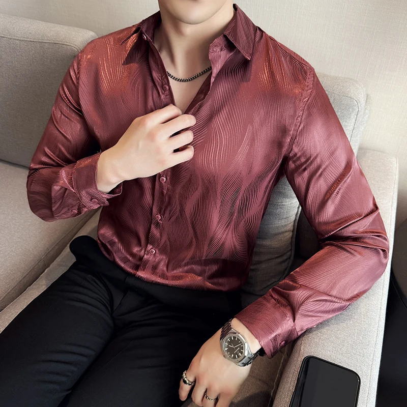 

Men's Shirts Fashion Korean Water Ripple Long Sleeve Shirts For Men Quality Slim Fit Casual Mens Prom Tuxedo Plus Size Blouses