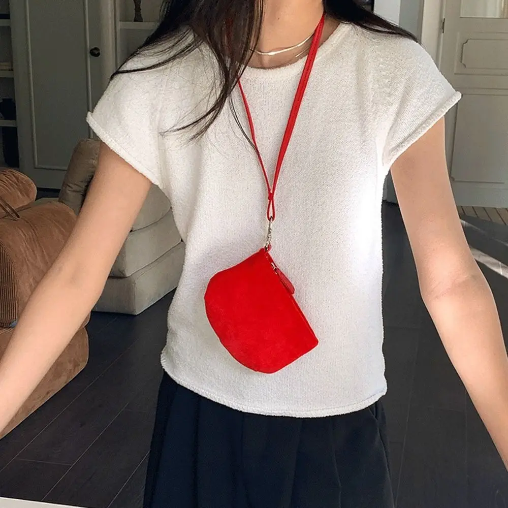 PU Leather Suede Coin Purse Hanging Neck Lipstick Earphone Pouch Mini Storage Bag Shoulder Bag Solid Color Pendant Accessories