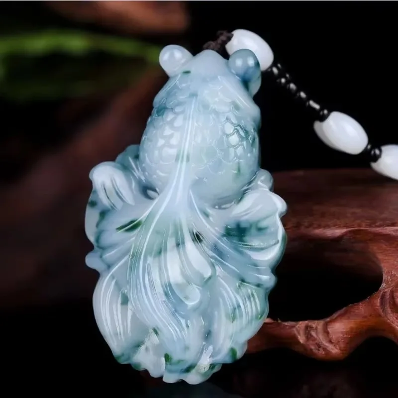 Chinese Jade Light Blue Hand Carved Goldfish Pendant Fashion Boutique Jewelry Men's and Women's Fish Necklace Gift