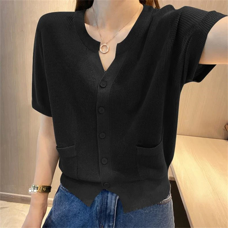 Women Stylish V Neck Short Sleeve Single Breasted Ice Silk Knitted Cardigan 2024 Summer Casual Solid Pocket Loose Chic Knitwears