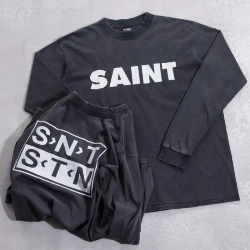 Classic Logo Washed Cracked Print Black Long Sleeve Vintage Saint Sweatshirt Cotton Loose Hiphop Streetwear Men Women Pullover