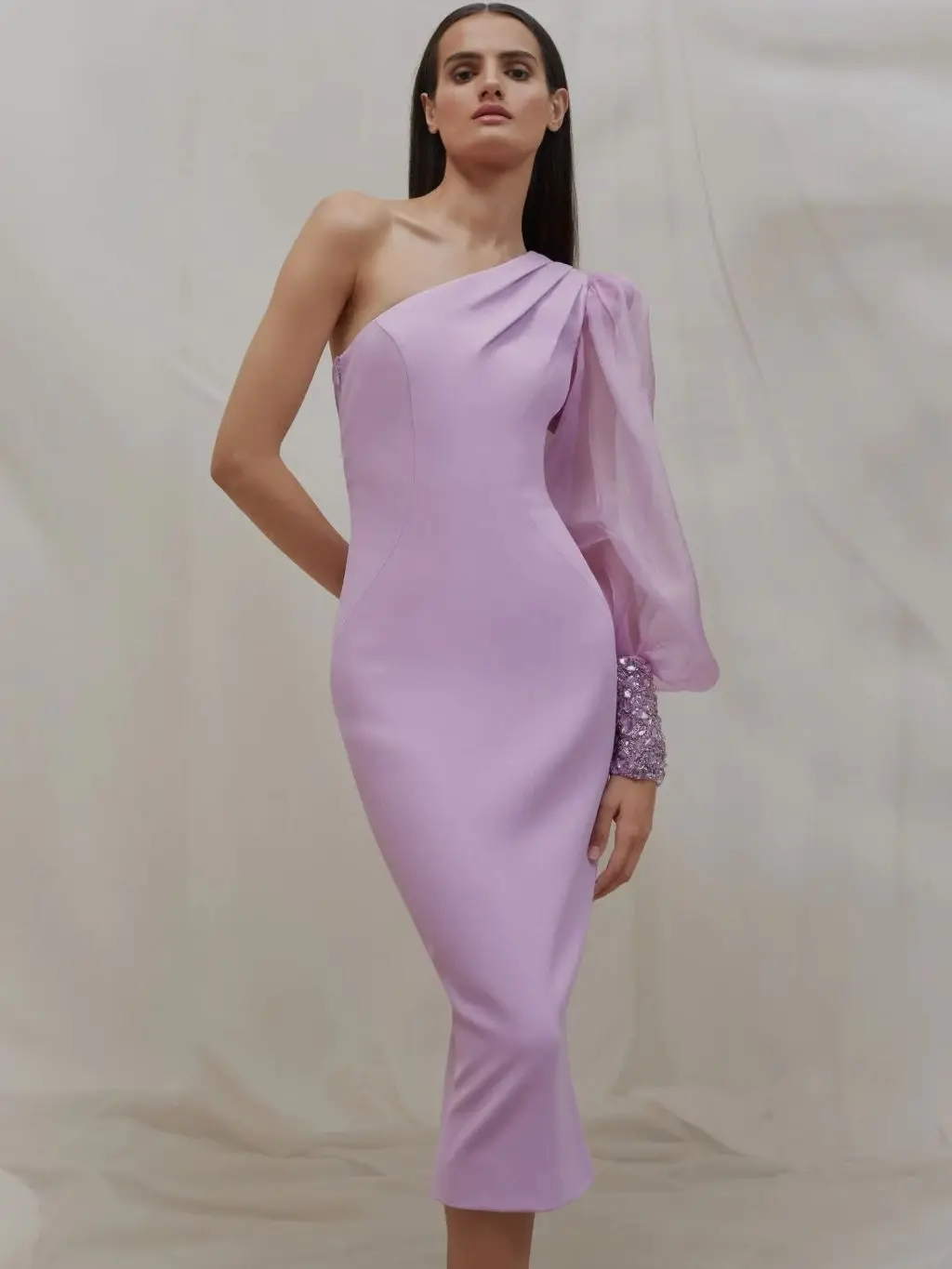 

New Women 2024 Celebrity Sexy One Shoulder Violet Mid-Calf Bodycon Dress Elegant Evening Club Party Dress