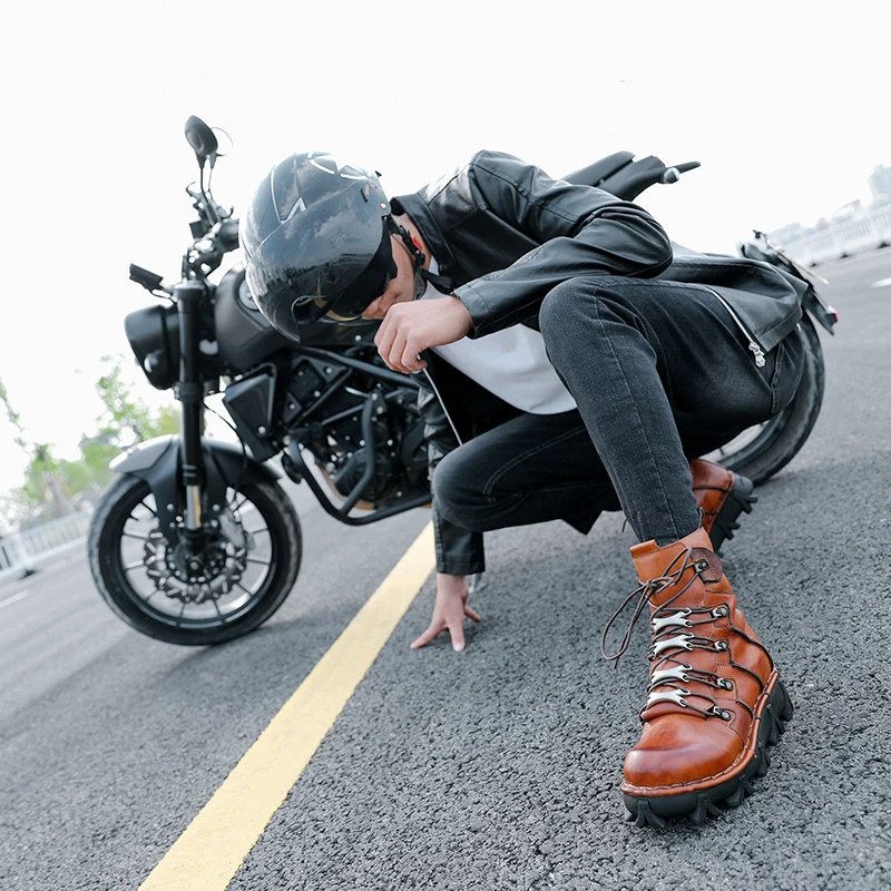 Fashion Men's Cowhide Genuine Leather Motorcycle Boots Gothic Skull Punk Combat Boots Thick Sole Snow Boots Hiking Shoes - view 4