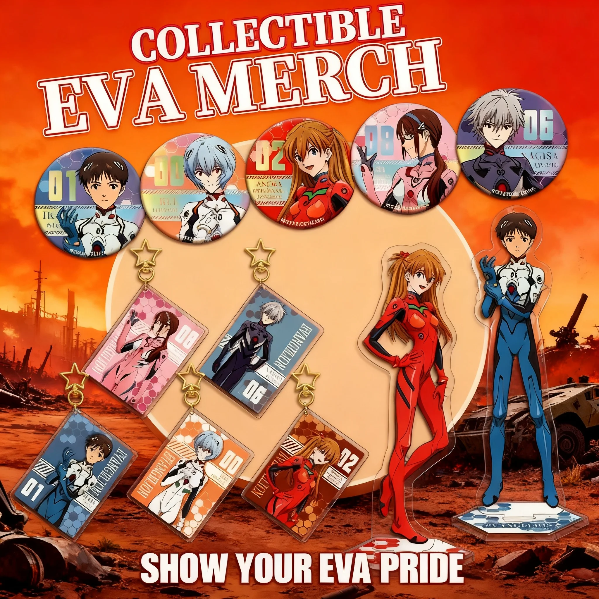 

Набор аниме-мерча EVA Evangelion: акриловая подставка, брелок, значок, двусторонний светящийся значок-пин, аксессуары для ключей, коллекционный подарок