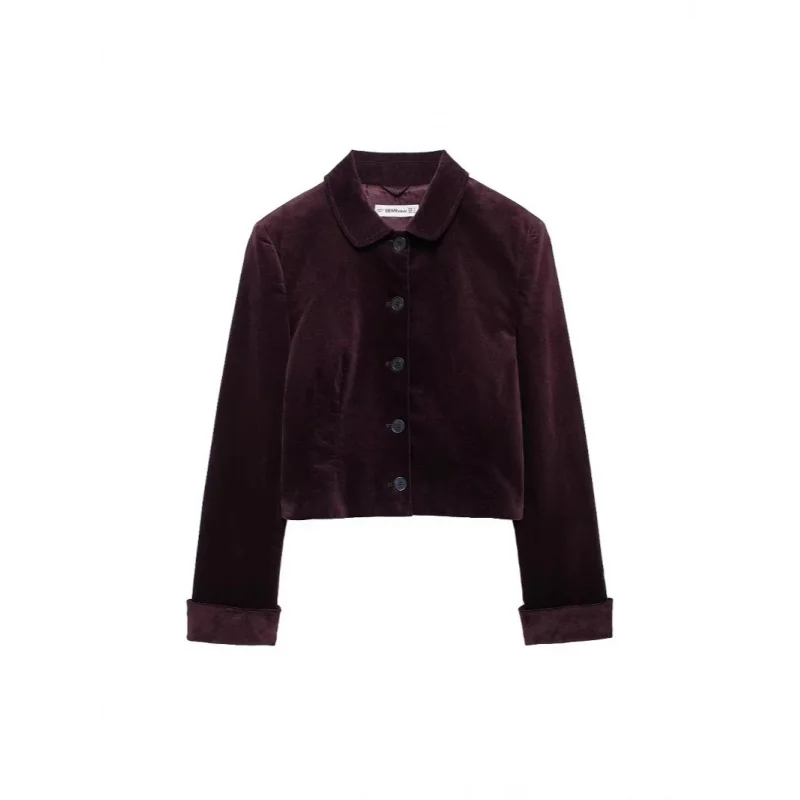 

2025Autumn New Women's Velvet Short Wine Red Long Sleeve Lapel Top Women