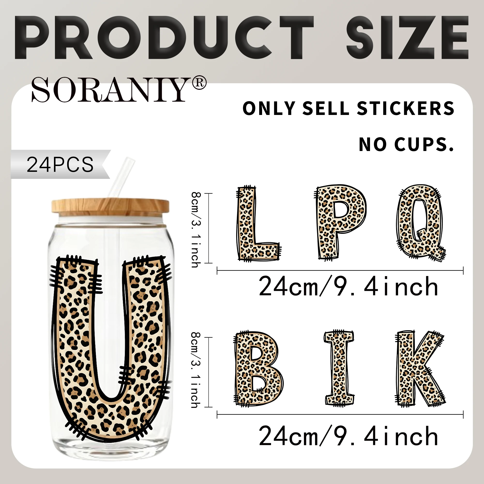 24PCS/Set Cheetah Print Alpha Doodle Alphabet Themed UV DTF 16OZ DIY Transfer Paper Sticker