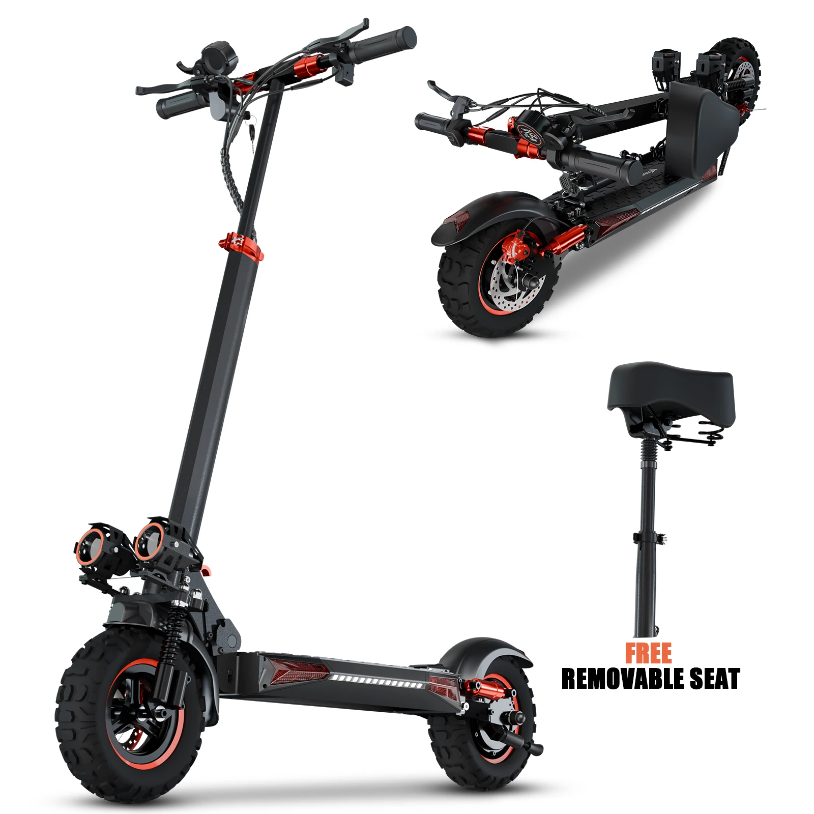 Trottinette électrique 1200W pour adultes, batterie 48V 18Ah, 50 km/h, pneus tout-terrain 11'', double frein et suspension, trottinette électrique pliable