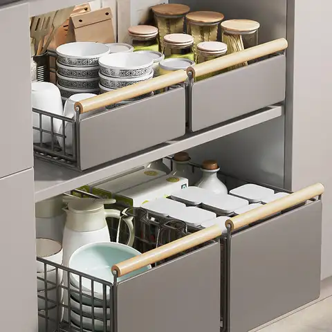 Çekmeceli Dolap İçi Sürgülü Sepet, Lavabo Altı Fileli Çekmece Düzenleyici, Saplı Metal Mutfak Banyo Organizasyon Rafı