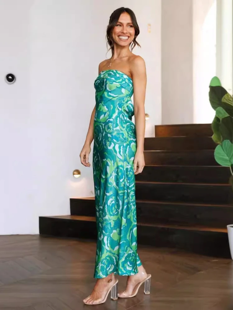 Neues trägerloses Satin-Maxikleid für Damen, aushöhlen, rückenfrei, Abendkleid, sexy Kleider, Vintage-Glamour-Party-Teppich, Luxuskleid