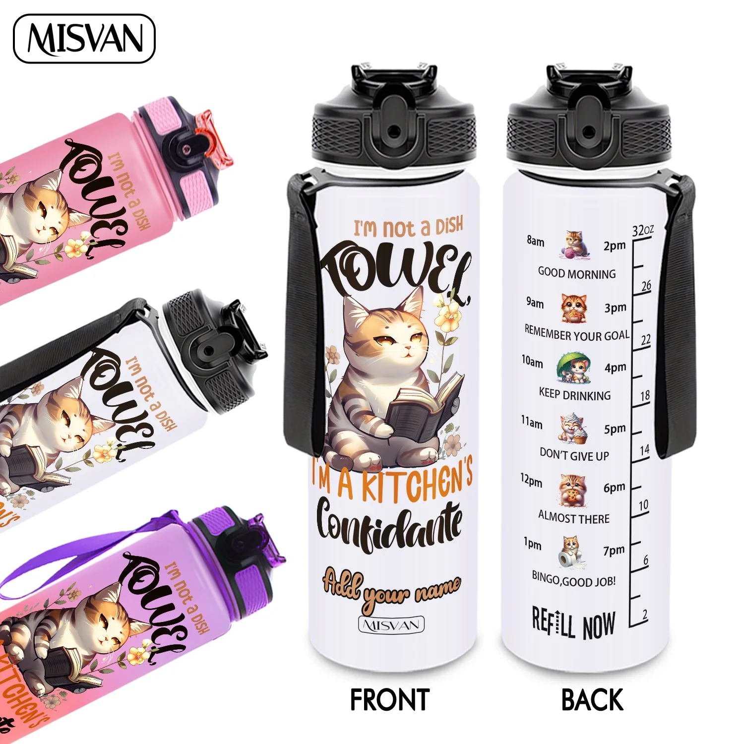 

Бутылка для воды 32 унции (950 мл) с возможностью персонализации, с изображением кошки, которая читает книгу, для повседневного увлажнения, для спортзала, активного отдыха и велоспорта